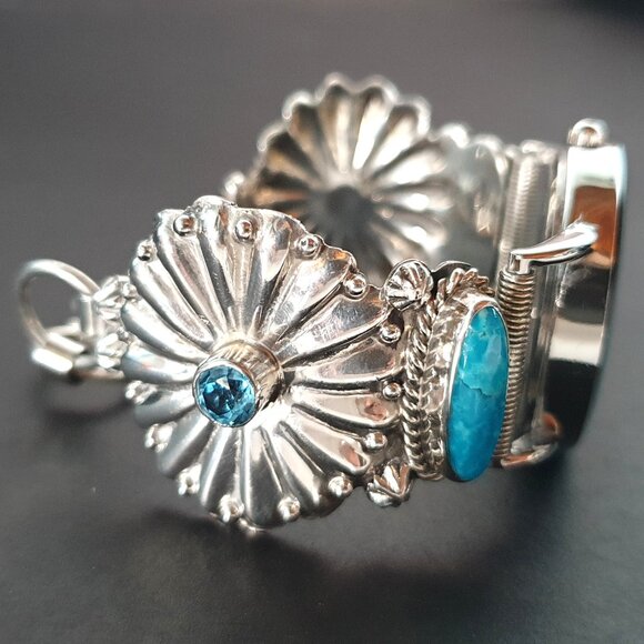 Vintage Zuni Native American Turquoise & Blue Topaz Sterling Silver Watchband - Picture 1 of 16